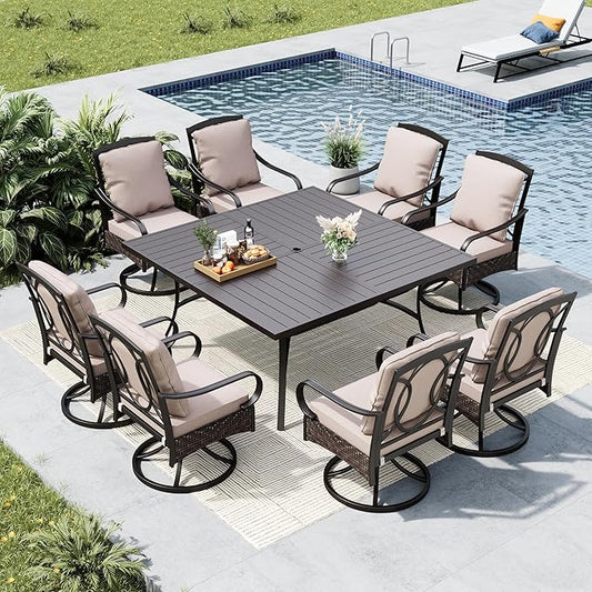 MFSTUDIO 9 Pieces Patio Dining Set, Cushioned Chairs and Metal Square Dining Table for 8, Patio Dining Sets with Swivel Chairs, Large All Weather 8 Person Dining Furniture for Deck, Backyard