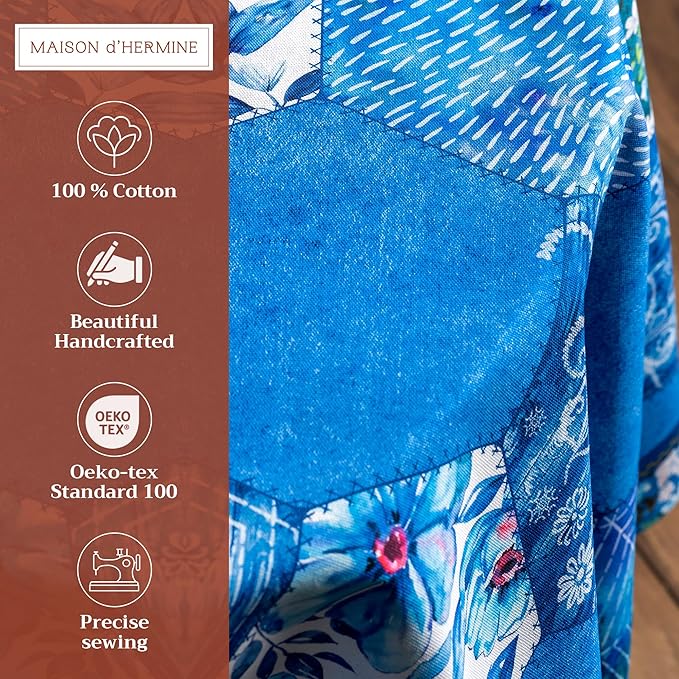 Maison d' Hermine Table Cloth Round Table 100% Cotton 69 Inches Tablecloth Reusable Decorative Everyday Use for Dining Room, Farmhouse, Home, Party, Festive & Wedding Spring Summer - Summer Blues