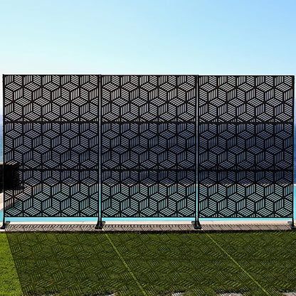 Kozyard Metal Privacy Screen 74" H x 47.2" W Decorative Outdoor Divider with Stand Panels Freestanding Screen Set for Deck Patio Balcony Garden Outdoor&Indoor(Black/Cube)