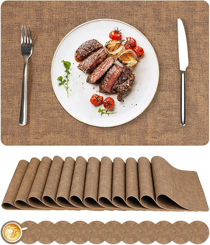 Vinyl Placemats Set of 12, Faux Leather Waterproof and Heat Resistant Place Mats, Washable Anti-Slip Table Mats with Coaster, Wipeable Placemats for Indoor & Outdoor 17" x 12" (Light Brown, Set of 12)