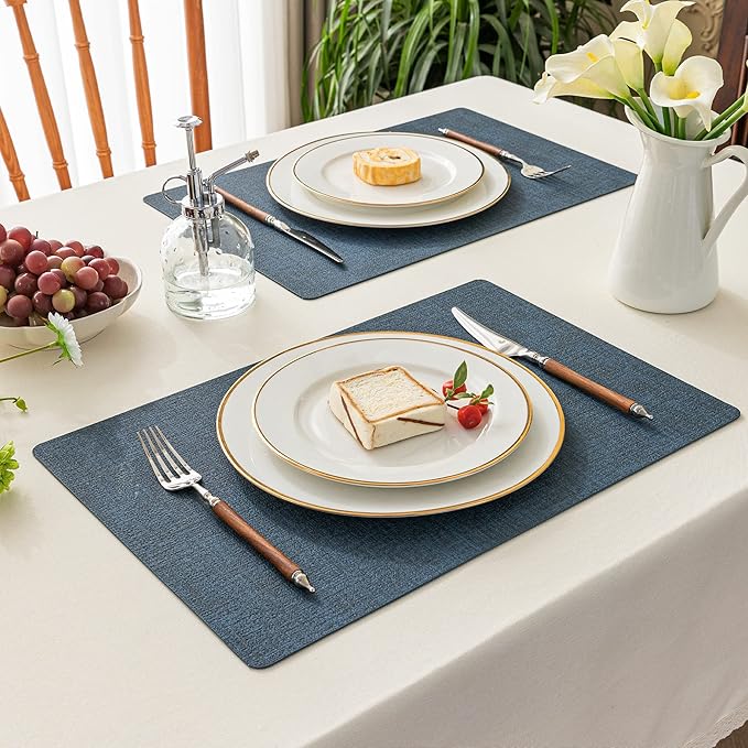 Romanstile Vinyl Placemats Set of 6-12 X 17 Inch - Heat Resistant Place Mats 100% Waterproof Oilproof Wipeable Reversible Faux Leather Table Mats for Kitchen, Dining, Party, Outdoor, Navy Blue
