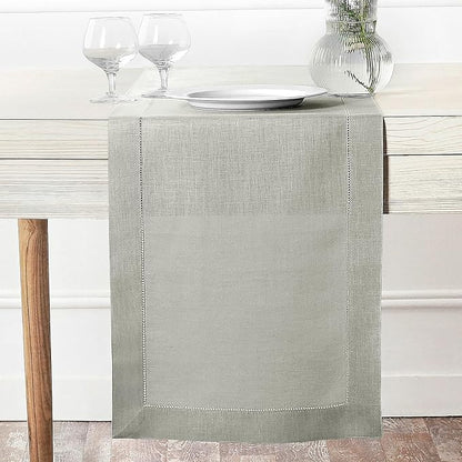 D'Moksha Homes Linen Silver Grey Table Runner 60 Inches - Classic Hemstitch, 100% Pure Linen Coffee Table Runner 14 x 60 Inch Ideal for Dresser Tables - Spring, Easter