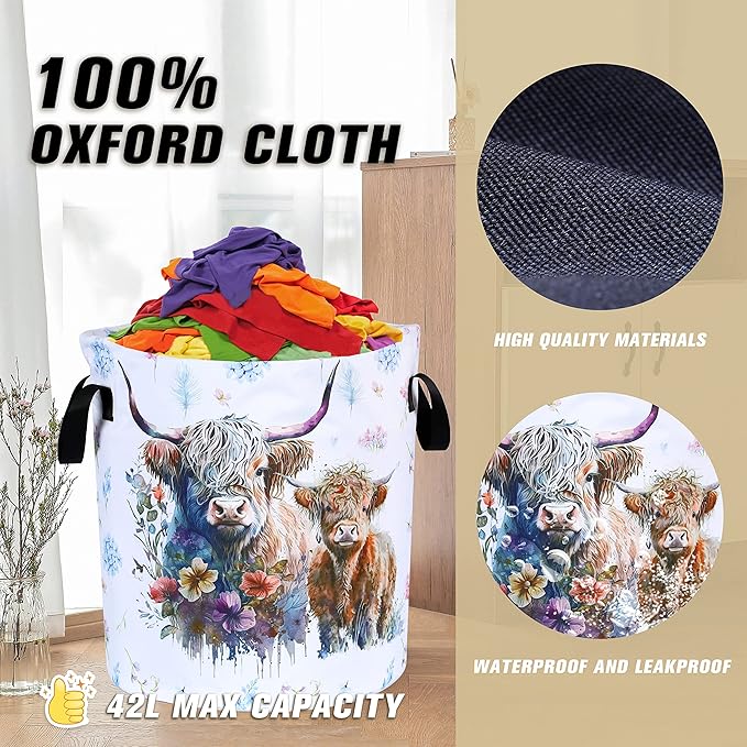 Highland Cow Laundry Basket Cattle Animal Foldable Oxford Cloth Funny Tote Bag Laundry Hamper Clothes Storage Bucket Organizer For Bathroom/Laundry Storage/Bedroom 17.7x13.7 Inch