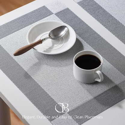 Placemats Set of 12 - Easy Clean Woven Vinyl Placemats for Dining Table, Indoor/Outdoor Place Mats, Washable PVC Table Mats （Silver Cube）