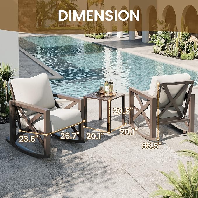 UDPATIO Rocking Chair Outdoor Oversized Metal Bistro Set 6.5" Cushion Beige | 3 - Image 4