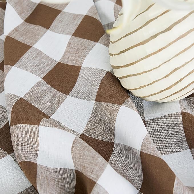 Solino Home Checkered Table Runner 108 Inches Long - 100% Pure Linen Coco Brown and White Buffalo Check Table Runner 14 x 108 Inch Ideal for Dining