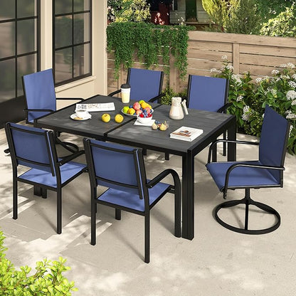 Outdoor Dining Set for 6, Metal Patio Table and Chairs Set with 2 Swivel Chairs, 4 Regular Textilene Chairs and 1 Large Table, Modern Patio Furniture Set for Deck Backyard (Navy Blue)