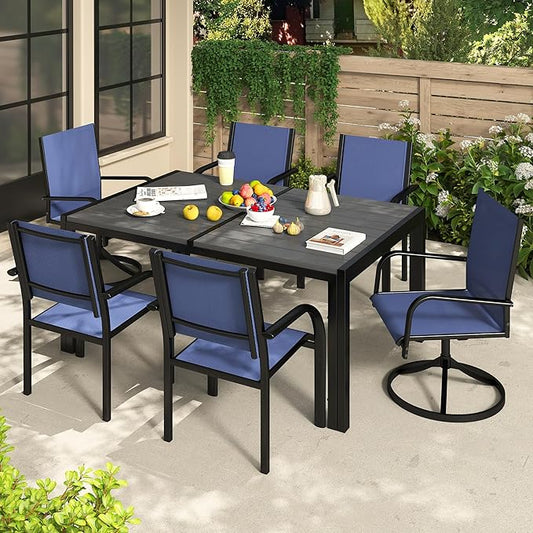 Outdoor Dining Set for 6, Metal Patio Table and Chairs Set with 2 Swivel Chairs, 4 Regular Textilene Chairs and 1 Large Table, Modern Patio Furniture Set for Deck Backyard (Navy Blue)