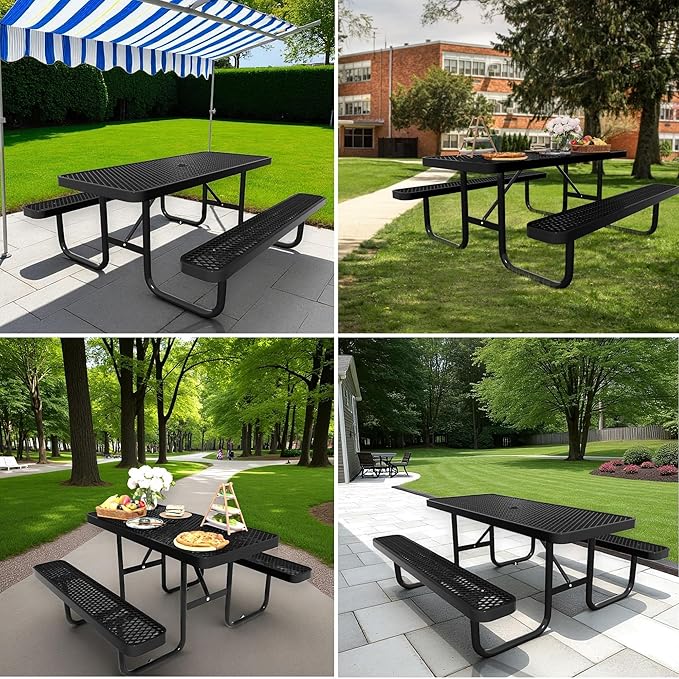 4 FT Metal Picnic Tables for Outside, Outdoor Coated Steel Heavy Duty Commercial Picnic Table with Benches, Patio Table Rectangular Furniture Set for Garden, Lawn, Shops, Parks