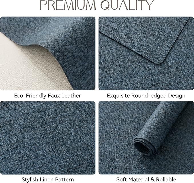 Romanstile Vinyl Placemats Set of 8-12 X 17 Inch - Heat Resistant Place Mats 100% Waterproof Oilproof Wipeable Reversible Faux Leather Table Mats for Kitchen, Dining, Party, Outdoor, Navy Blue