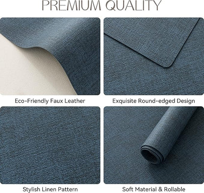 Romanstile Vinyl Placemats Set of 6-12 X 17 Inch - Heat Resistant Place Mats 100% Waterproof Oilproof Wipeable Reversible Faux Leather Table Mats for Kitchen, Dining, Party, Outdoor, Navy Blue