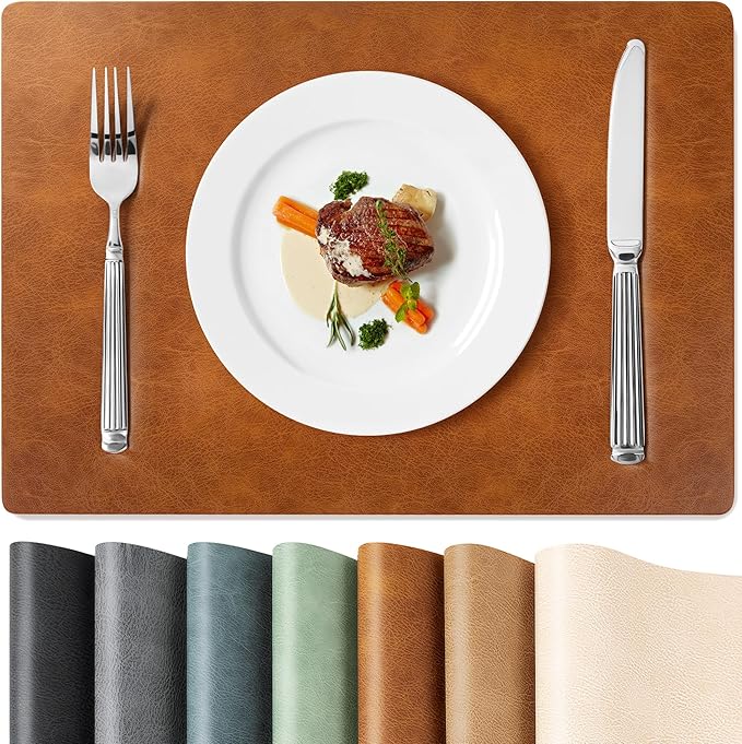Roxifina Faux Leather Placemats Set of 4 - Vinyl Placemats Wipeable Waterproof Oil-Proof PU Place Mats Heat Resistant Reversible Table Mats for Dining, Kitchen, Outdoor, 12 x 17 Inch (Reddish Brown)