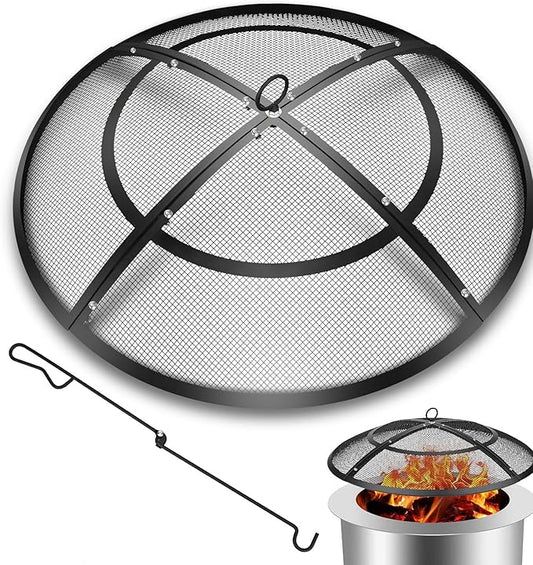 Fire Pit Spark Screen,27 Inch Fire Pit Screen Cover Outdoor with Handle&Poker,Heavy-Duty Steel Firepit Screens Cover Round Mesh Replacement for Backyard/Beach/RV Camping