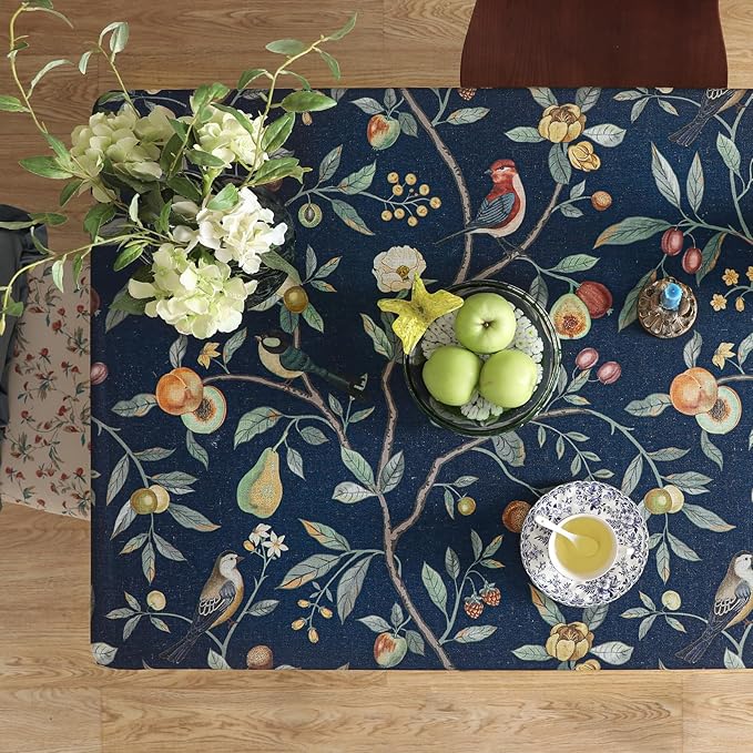 Linen Table Cloth Rectangle,Wrinkle Resistant French Blue Tablecloth Print with Froal,Decor Stitch Table Cloth for Thanksgiving,Dining Room,Home,Kitchen 63" × 87"-DeweyA Blue
