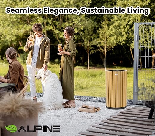 Alpine 32 Gallon Commercial Outdoor Trash Can - Heavy Duty Garbage Can Outdoor, Industrial Open Top Trash Can with Plastic Panels for Patio, Parks, Trails, Resorts (Flat Lid - Cedar)