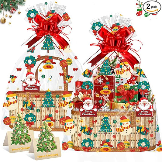 2 Set Baskets for Gifts Empty, Large Bamboo Christmas Gift Baskets with Handle, Foldable Woven Holiday Baskets for Gifts, DIY Gift Wrapping Set, Reusable Decorative Xmas Basket Kit