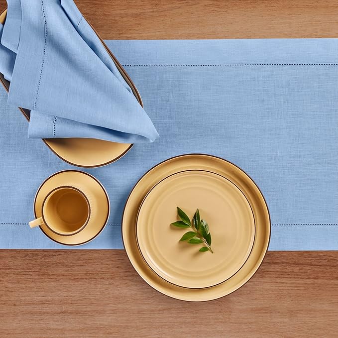 Solino Home Linen Cornflower Blue Table Runner 132 Inches Long - 100% Pure Linen Hemstitch 14 x 132 Inch Table Runner for Dining, Winter, Spring, Easter - Classic Hemstitch
