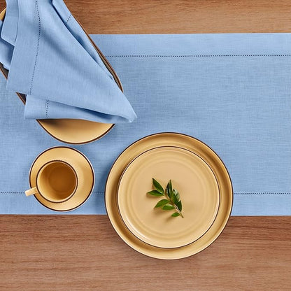 Solino Home Linen Cornflower Blue Table Runner 132 Inches Long - 100% Pure Linen Hemstitch 14 x 132 Inch Table Runner for Dining, Winter, Spring, Easter - Classic Hemstitch