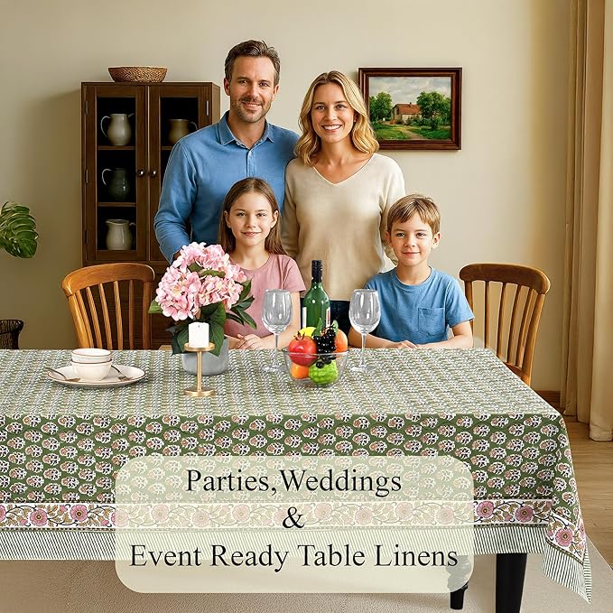 CPC Tablecloth 100% Cotton 60x90 Inch Indian Block Print Easter Rectangle Table Cover, Table Cloth for Weddings, Parties- Jade Green 6-Seater