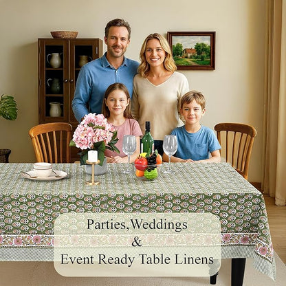 CPC Tablecloth 100% Cotton 60x90 Inch Indian Block Print Easter Rectangle Table Cover, Table Cloth for Weddings, Parties- Jade Green 6-Seater