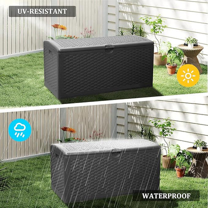 90 Gallon Resin Deck Box, Waterproof Outdoor Storage Bin for Patio, Poolside, and Garden, Lockable & UV-Resistant, Ideal for Small Spaces, Black