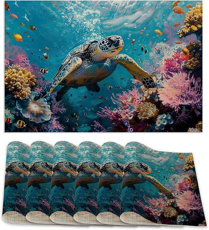 Sea Turtle Placemats Set of 6,Fish Coral Colorful Waterproof Non-Slip Washable Table Mats for Kitchen Dining Holiday Party Wedding Decor 12x18 Inch