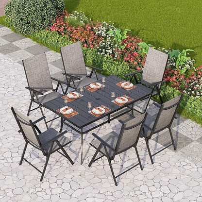 PHI VILLA Patio Dining Set for 6, Outdoor Dining Table and Chairs Furniture Set with Adjustable Foldable Patio Dining Chairs (Gray) & Metal Steel Table for Garden