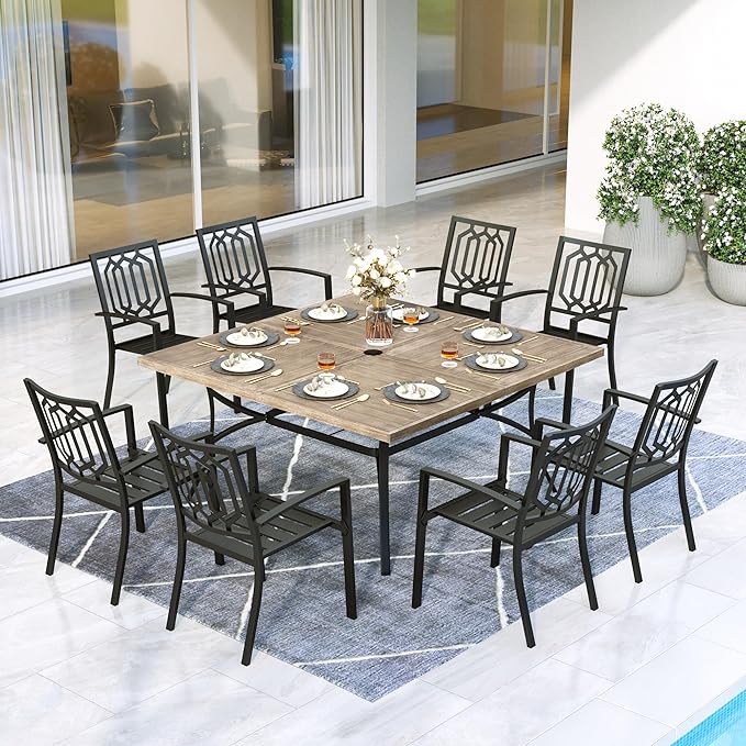 MFSTUDIO Patio Dining Set for 8, Patio Table and Chairs Set with Umbrella Hole, 9 Piece Metal Outdoor Dining Set, Outdoor Patio Furniture Set for Deck Backyard Poolside Garden