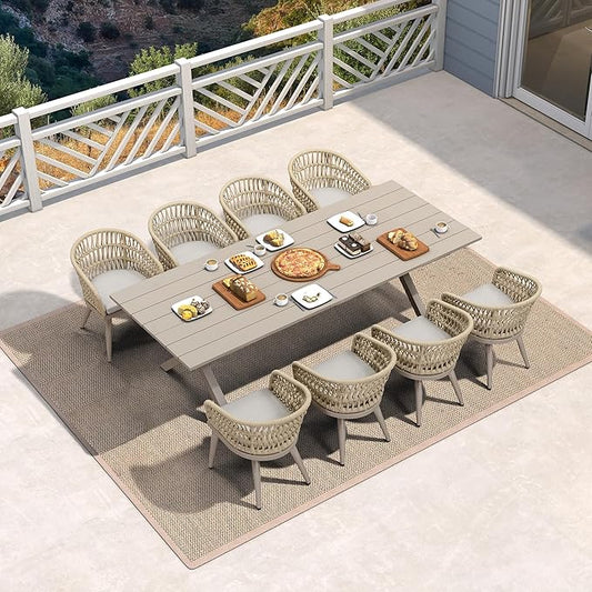 PURPLE LEAF Outdoor Dining Set All-Weather PE Rattan Outdoor Patio Dining Furniture Set with All Aluminum Frame Rectangular Table and 8 Chairs Set for Lawn Garden Backyard Deck, Champagne