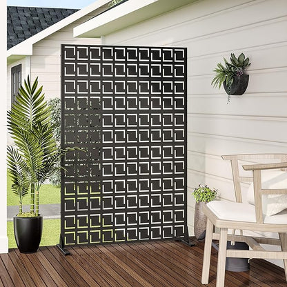 Casaphoria 72" H x 47" W Metal Privacy Screen, Outdoor Freestanding Decorative Divider for Patio, Deck, Balcony, and Garden with Stable Base, Black-Frederick