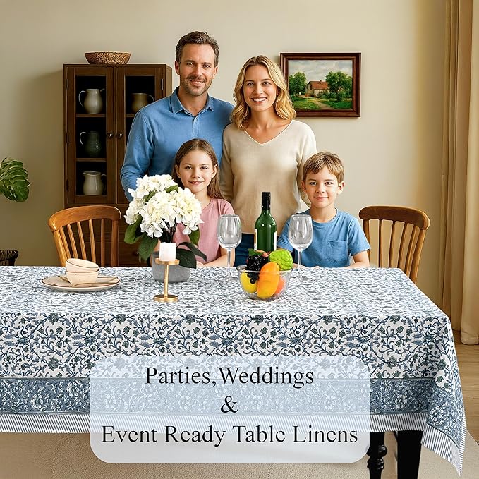 CPC Ocean Vine Tablecloth 100% Cotton 70x108 Inch Indian Block Print Rectangle Table Cover, Table Cloth for Gifting in Weddings, Halloween, Fall, Christmas, Thanksgiving