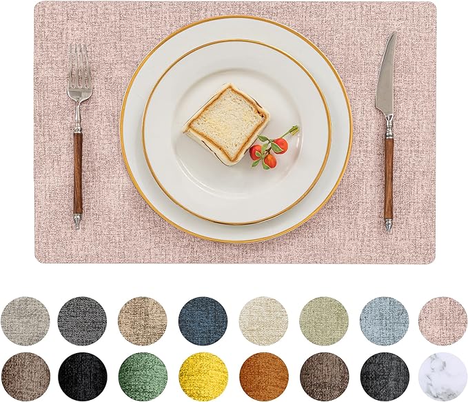 Romanstile Vinyl Placemats Set of 8-12 X 17 Inch - Heat Resistant Place Mats 100% Waterproof Oilproof Wipeable Reversible Faux Leather Table Mats for Kitchen, Dining, Party, Outdoor, Pink