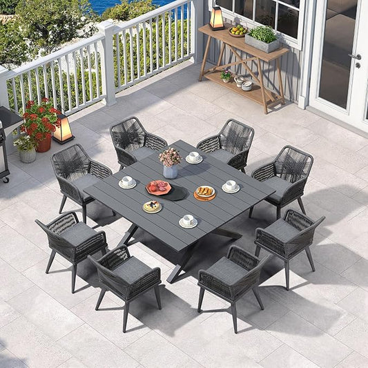 PURPLE LEAF 9 Pieces Outdoor Dining Set All-Weather PE Rattan Outdoor Patio Furniture Set with All Aluminum Frame Square Table and Chairs Set for Lawn Garden Backyard Deck, Grey