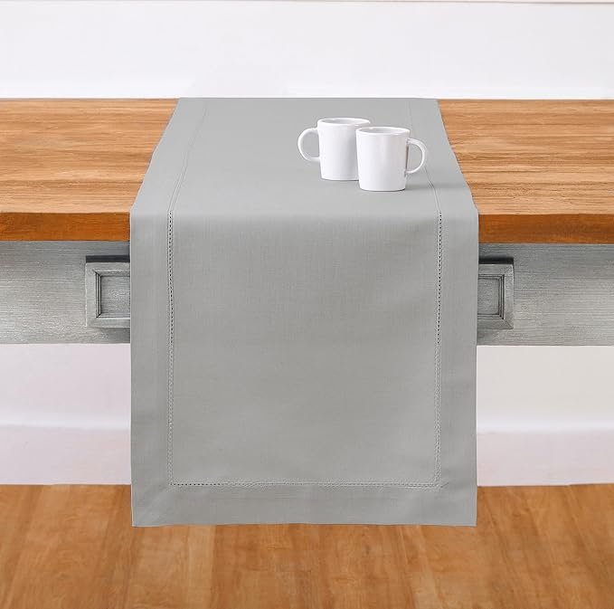 Solino Home Light Grey Table Runner 90 Inches Long - Cotton Linen Hemstitch 14 x 90 Inch Table Runner for Dining, Spring, Easter