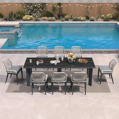 PURPLE LEAF 9 Pieces Patio Dining Set Aluminum Rectangular Table and Wicker Chairs with Cushions for Kitchen Porch Garden Modern Outdoor Furniture Sets, Dark Grey