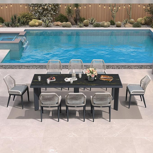 PURPLE LEAF 9 Pieces Patio Dining Set Aluminum Rectangular Table and Wicker Chairs with Cushions for Kitchen Porch Garden Modern Outdoor Furniture Sets, Dark Grey