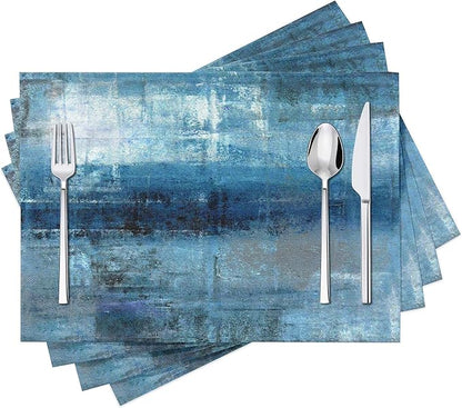 Modern Art Placemats Set of 4 Blue and Grey Abstract Painting Place Mats Washable Linen Placemat for Kitchen Dining Table Home Party Dinner Decor 18x12 Inches