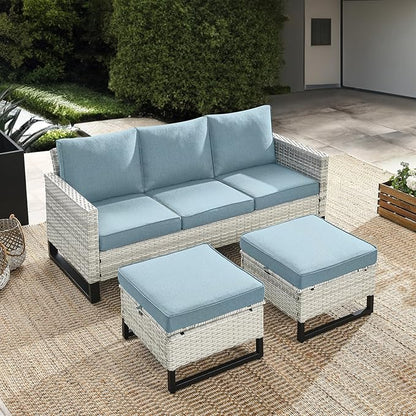 HUMMUH Outdoor Ottomans for Patio Set of 2 PE Wicker Outdoor Footstool with Removable Weather-Resistant Cushions for Patio, Backyard Light Grey Lake Blue