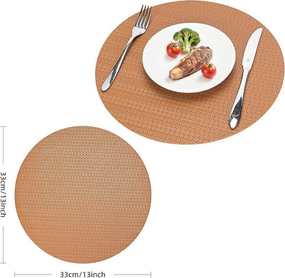 Round Faux Leather Placemats Set of 6 – 13 Inch Vinyl Mats, Heat Resistant, Non Slip, Wipeable & Washable, Easy to Clean Dining Table Decor for Kitchen & Holiday Gatherings – Cinnamon Brown
