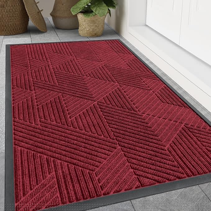 Smiry Front Door Mat Outside Entrance, Heavy Duty Sturdy Natural Rubber Doormat, Trap Dirt and Moisture, Easy Clean Low Profile Mats for Indoor Outdoor Entry, Irregular Triangle (59x24, Wine Red)