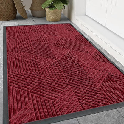 Smiry Front Door Mat Outside Entrance, Heavy Duty Sturdy Natural Rubber Doormat, Trap Dirt and Moisture, Easy Clean Low Profile Mats for Indoor Outdoor Entry, Irregular Triangle (59x24, Wine Red)