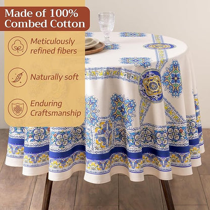 Maison d'Hermine Premium Table Cloth Round Table 100% Cotton 70 Inches Tablecloth Reusable Decorative Everyday Use for Dining Room, Farmhouse, Home, Party, Festive & Wedding - Sciacca