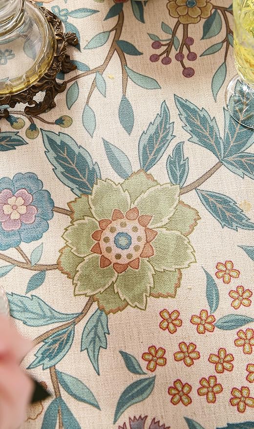 Designer Vintage Linen Rectangle Tablecloth,William Morris Floral Table Cloth with Colorful Pattern,Decor Table Cover for Kitchen,Dining,Thanksgiving,Christmas,55"*79"-Flowershadow a