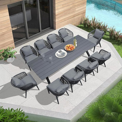 PURPLE LEAF 11 Pieces Patio Dining Set Wicker Outdoor Furniture Rectangular Table and Chairs Set for Garden Deck Aluminum Frame Backyard Kitchen Set, Cushions and Pillows Included Grey