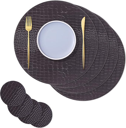 Round Leather Placemats - Placemat Set of 8, Heat Resistant and Waterproof Washable Table Runner, Kitchen Table Runner, 13" X 13" (Brown)