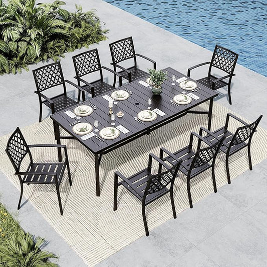 MFSTUDIO Patio Dining Set for 8, Outdoor Dining Set with Umbrella Hole, Metal Patio Table and Chairs Set, 9 Piece Outdoor Patio Furniture Set for Deck Backyard Poolside Garden