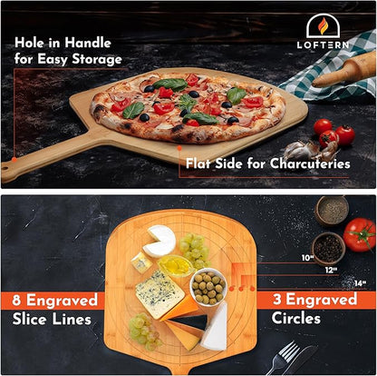 Loftern Wooden Pizza Peel 14 Inch Board with Engraved Sizes - Multi-Purpose Bamboo Pizza Cutting Board, Wood Pizza Peel, Pizza Spatula Paddle, and Serving Board with Size and Cutting Guide