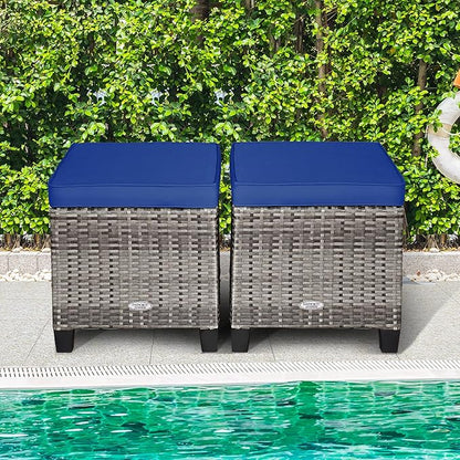 Tangkula 2 Pieces Patio Rattan Ottomans, Outdoor Wicker Footstool Footrest Seat with Soft Cushions and Steel Frame, All-Weather Patio Ottoman Set for Backyard Garden Poolside