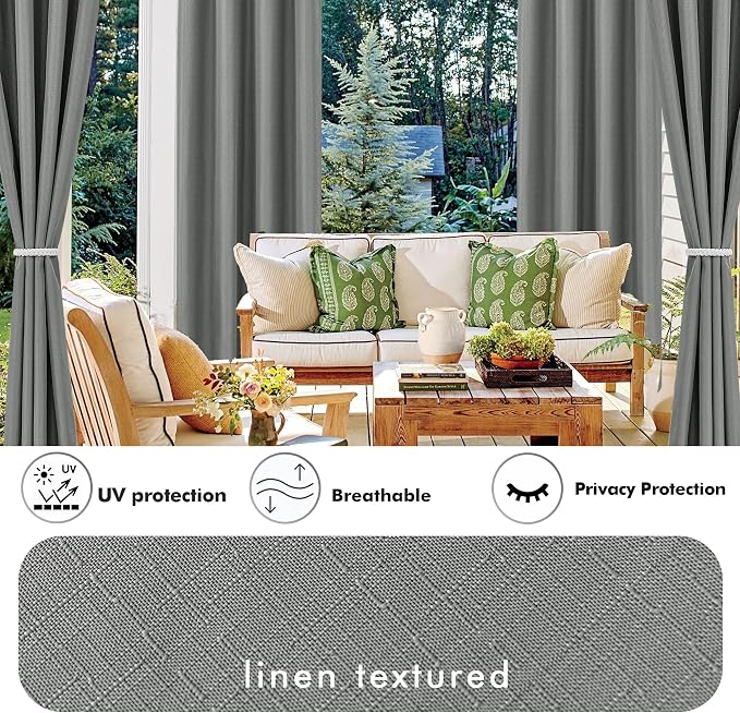 Linen Outdoor Curtains for Patio Waterproof 4 Pcs 110x95 In Light Grey | Light - Image 3
