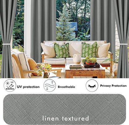 Linen Outdoor Curtains for Patio Waterproof 4 Pcs 110x95 In Light Grey | Light - Image 3